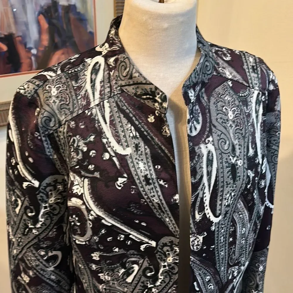 Chico's Burgundy/Black/White Paisley Pattern Jacket Size 2-Large